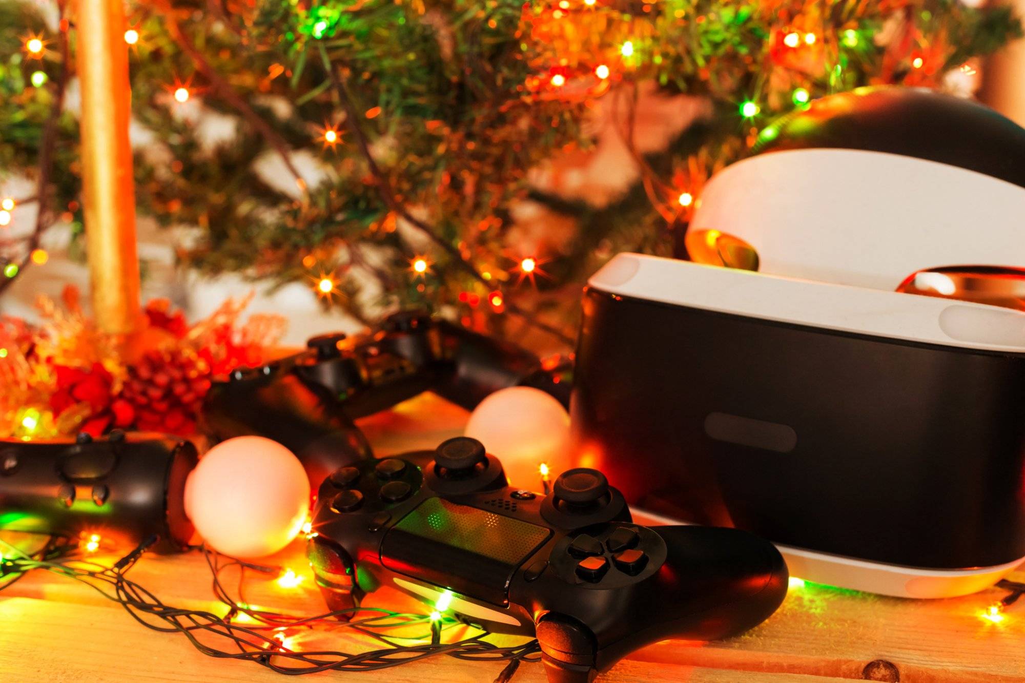 A gift for Christmas, New Year, St. Valentine's Day. A game console as a gift. Soft Focus